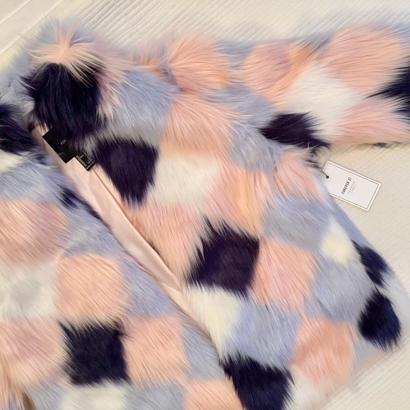 Forever 21 Faux Fur Patch Jacket – Pink, Light Blue, Dark Blue & White (Size M) - Picture 2 of 6